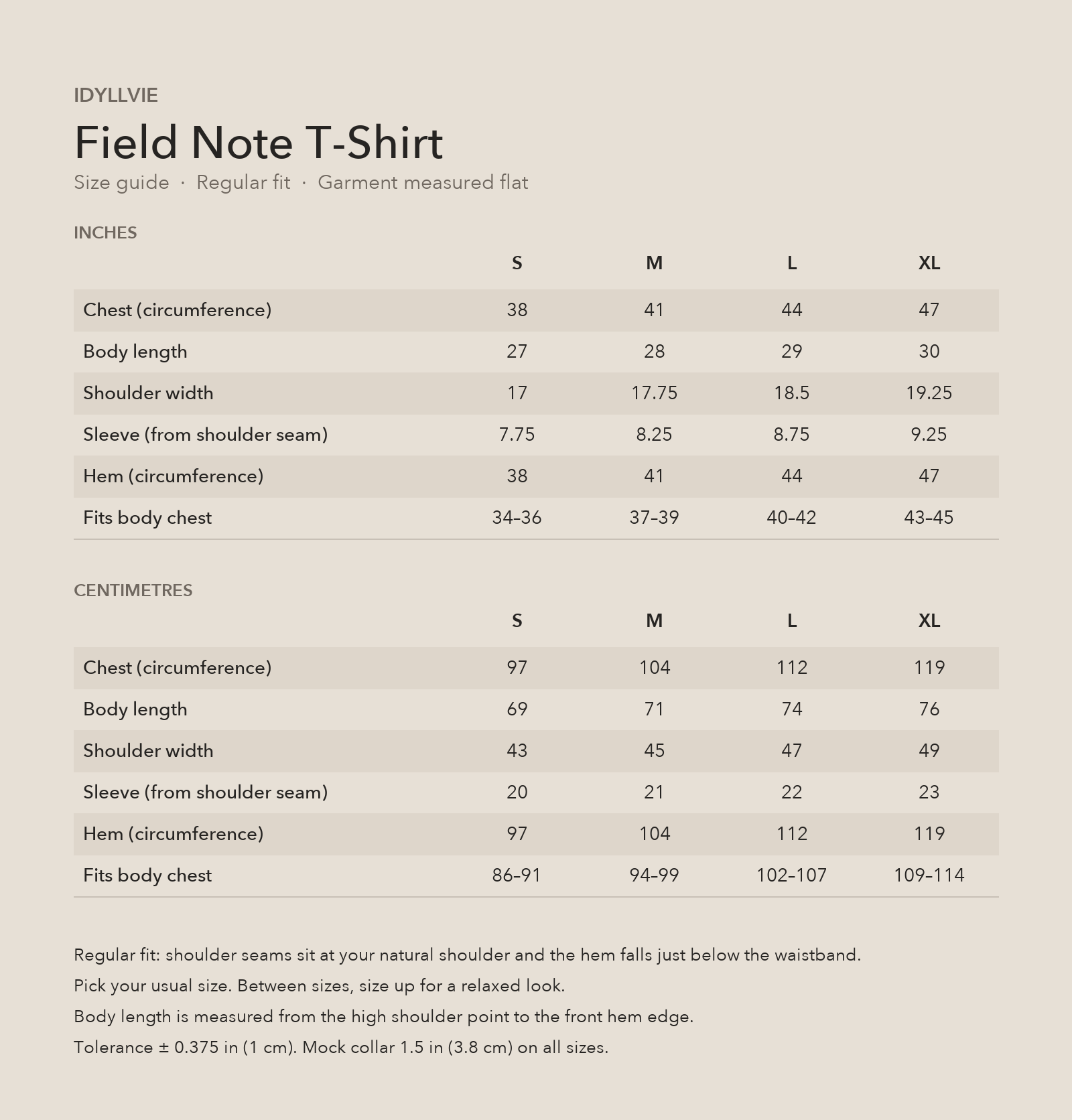 Field Note T-shirt size guide with S, M, L and XL garment and body measurements in inches and centimetres