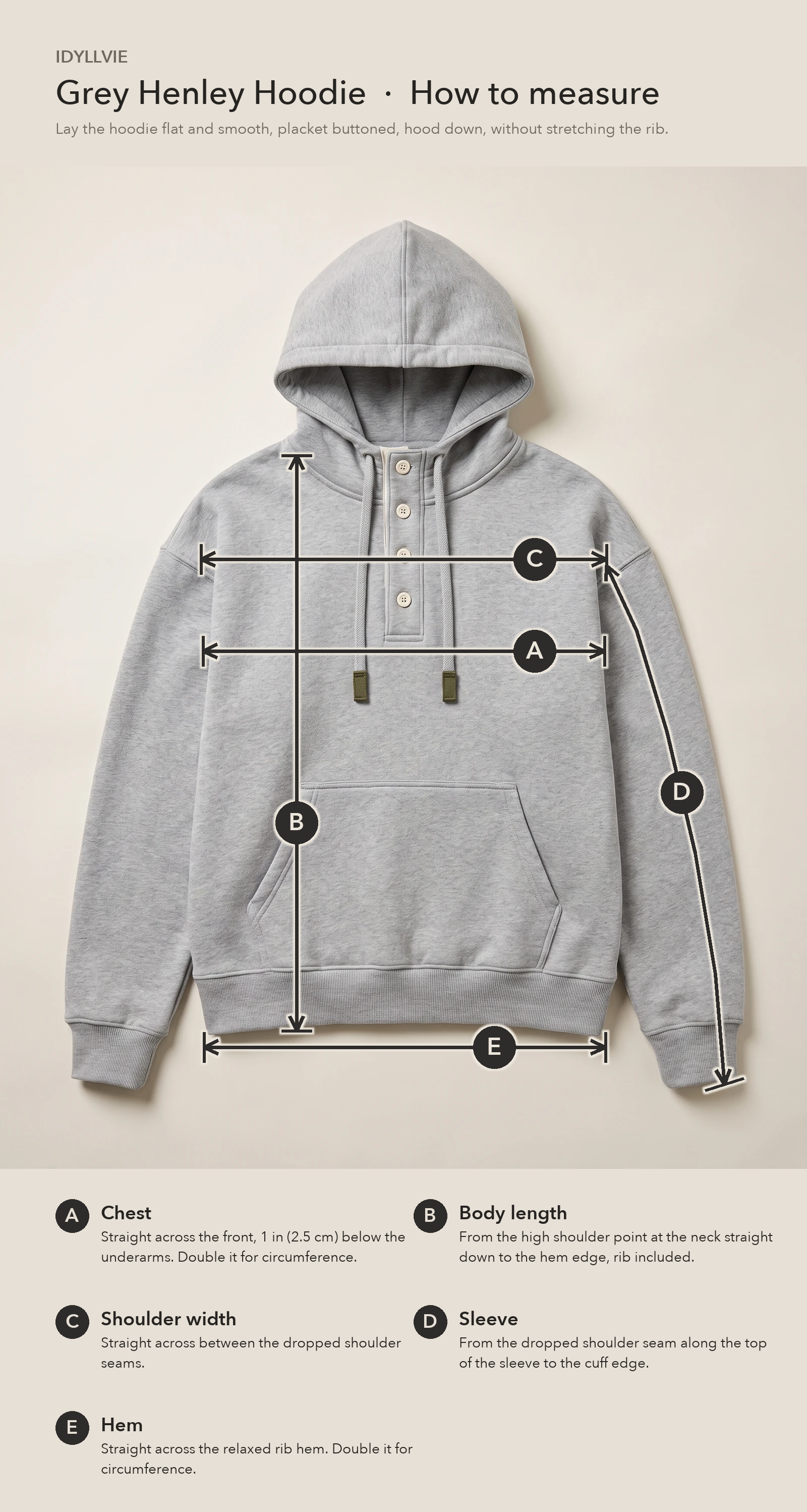 How to measure the Grey Henley Hoodie flat: chest, body length, shoulder width, sleeve and hem