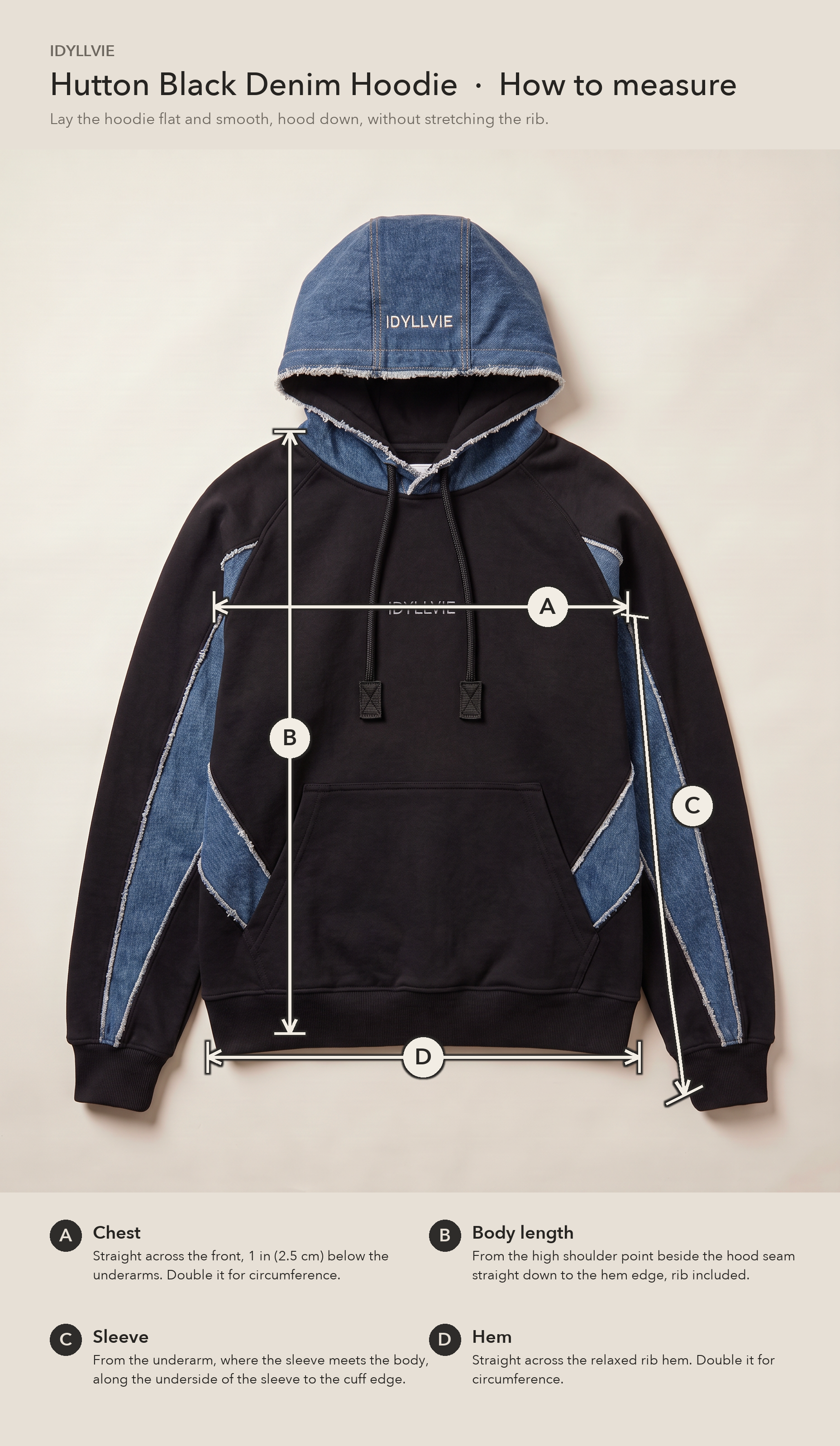 How to measure the Hutton Black Denim Hoodie flat: chest, body length, sleeve and hem