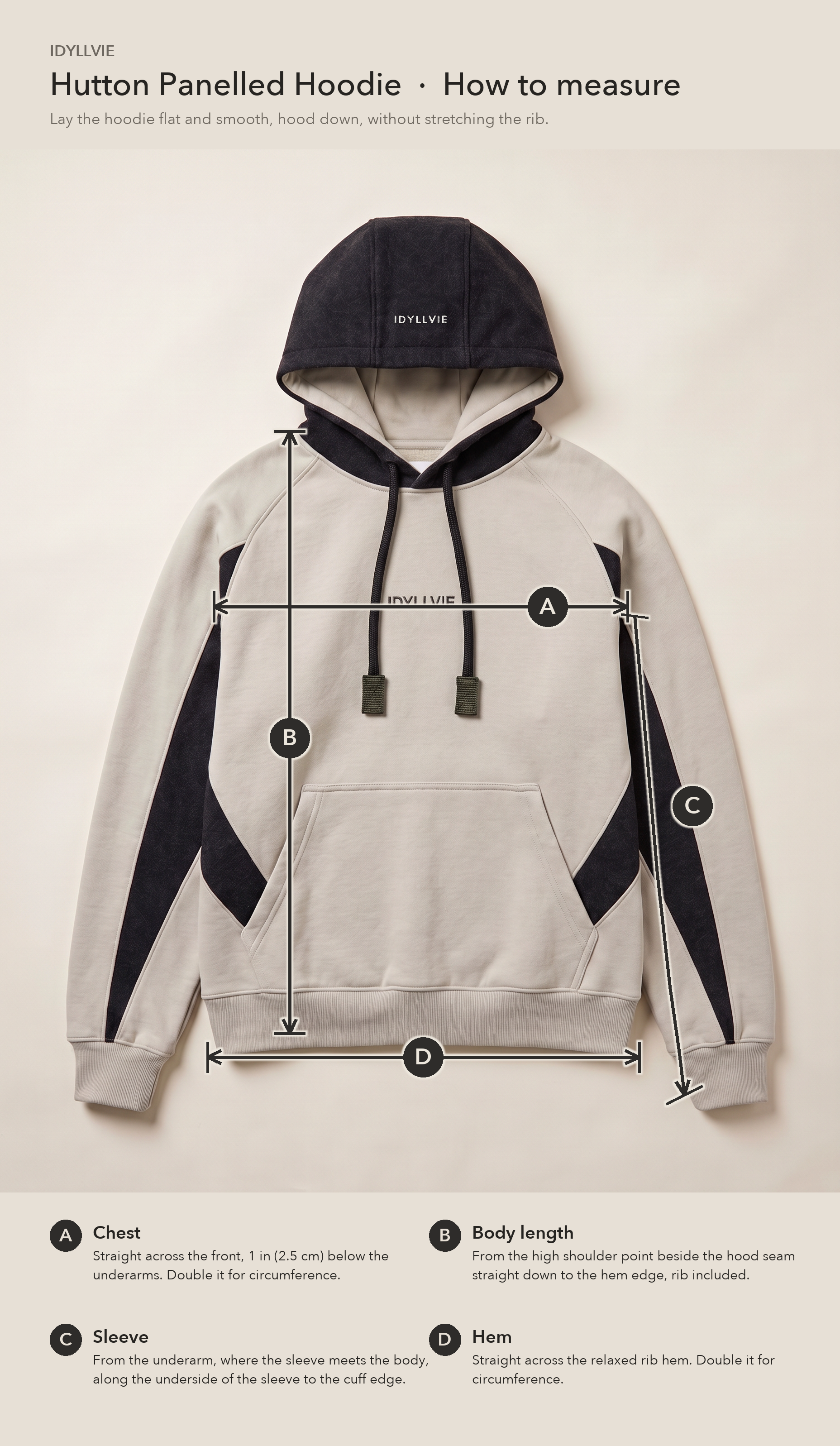 How to measure the Hutton Panelled Hoodie flat: chest, body length, sleeve and hem