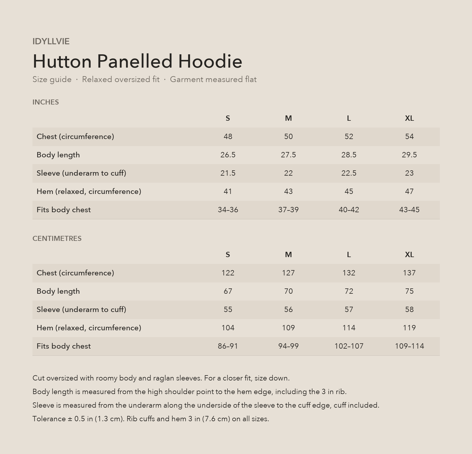 Hutton Panelled Hoodie size guide with S, M, L and XL garment and body measurements in inches and centimetres