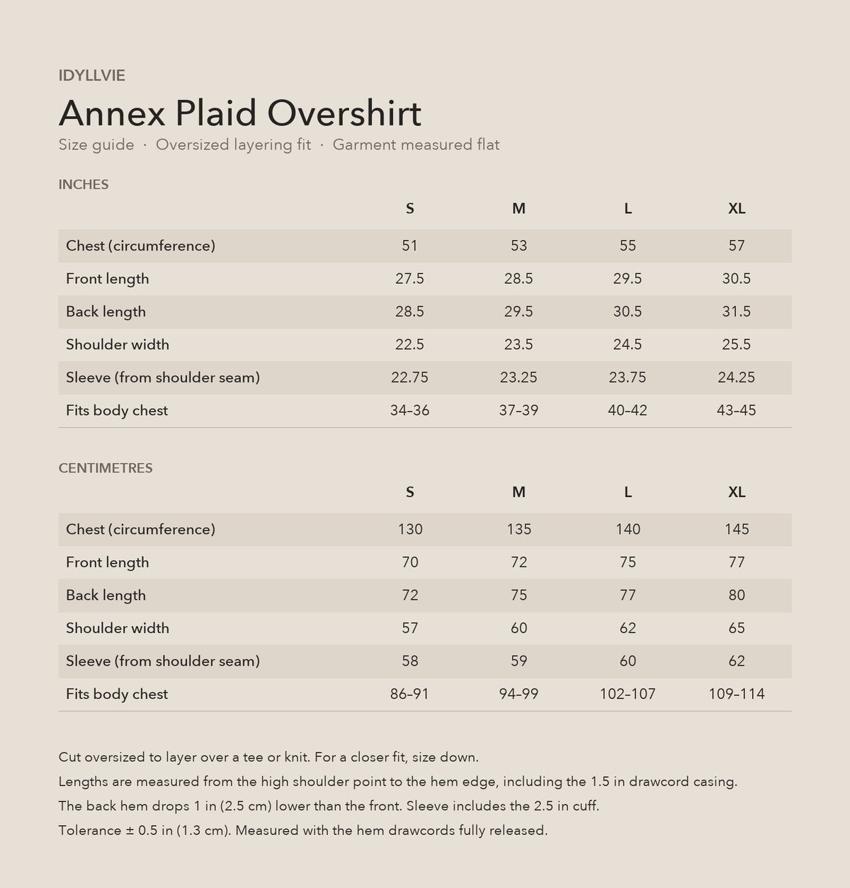 Annex Plaid Overshirt size guide with S, M, L and XL measurements