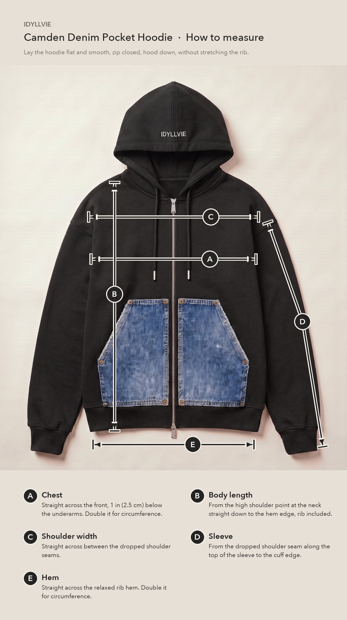 How to measure the Camden Denim Pocket Zip Hoodie flat