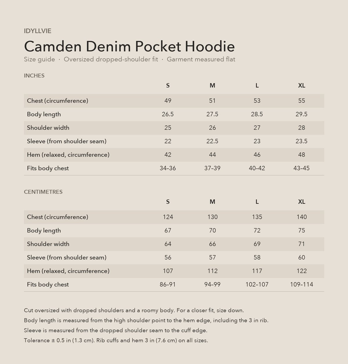 Camden Denim Pocket Zip Hoodie size guide with S, M, L and XL measurements