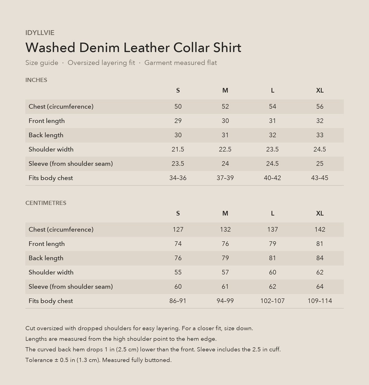 Dawson Leather-Collar Denim Shirt size guide with S, M, L and XL measurements