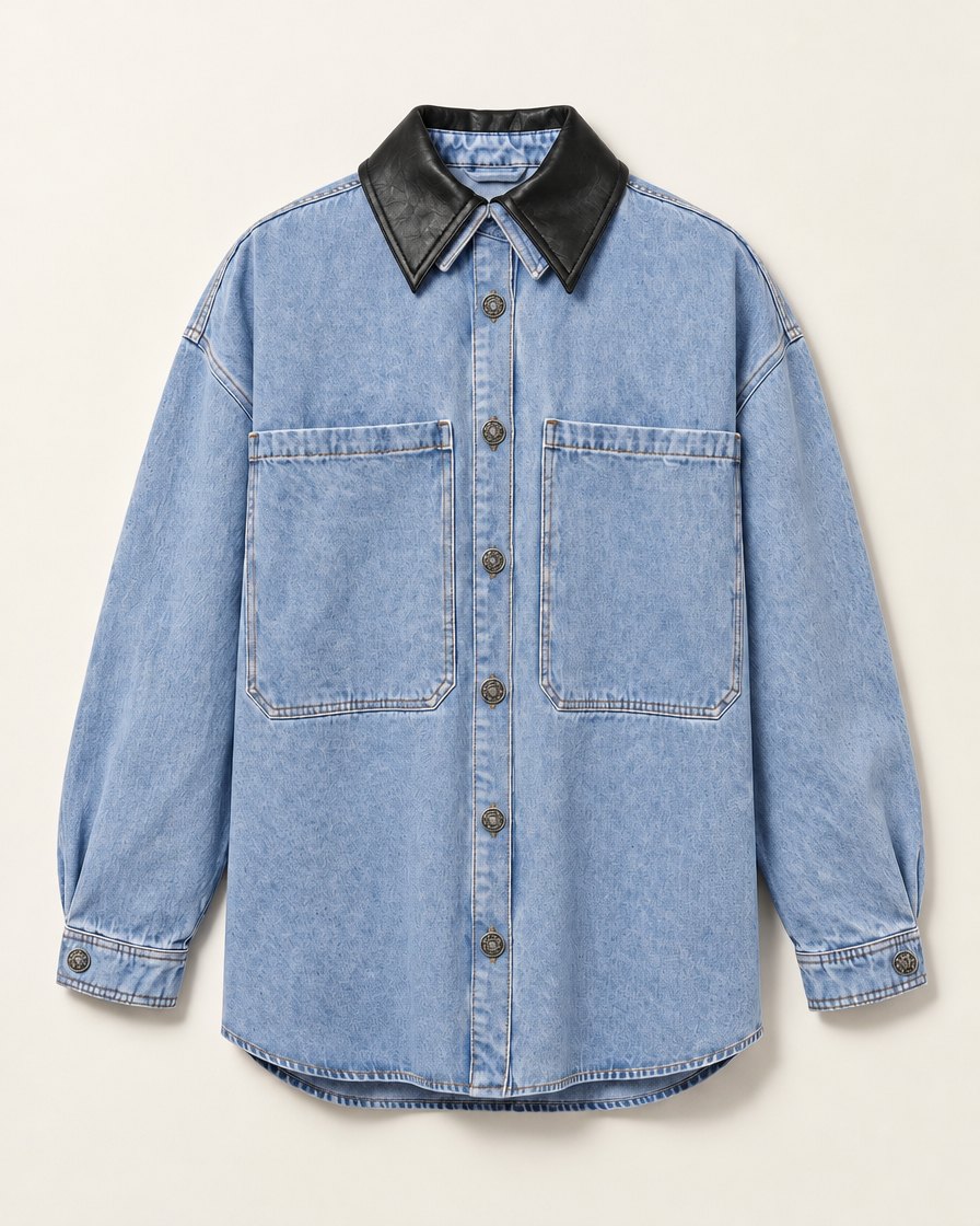 Dawson Leather-Collar Denim Shirt