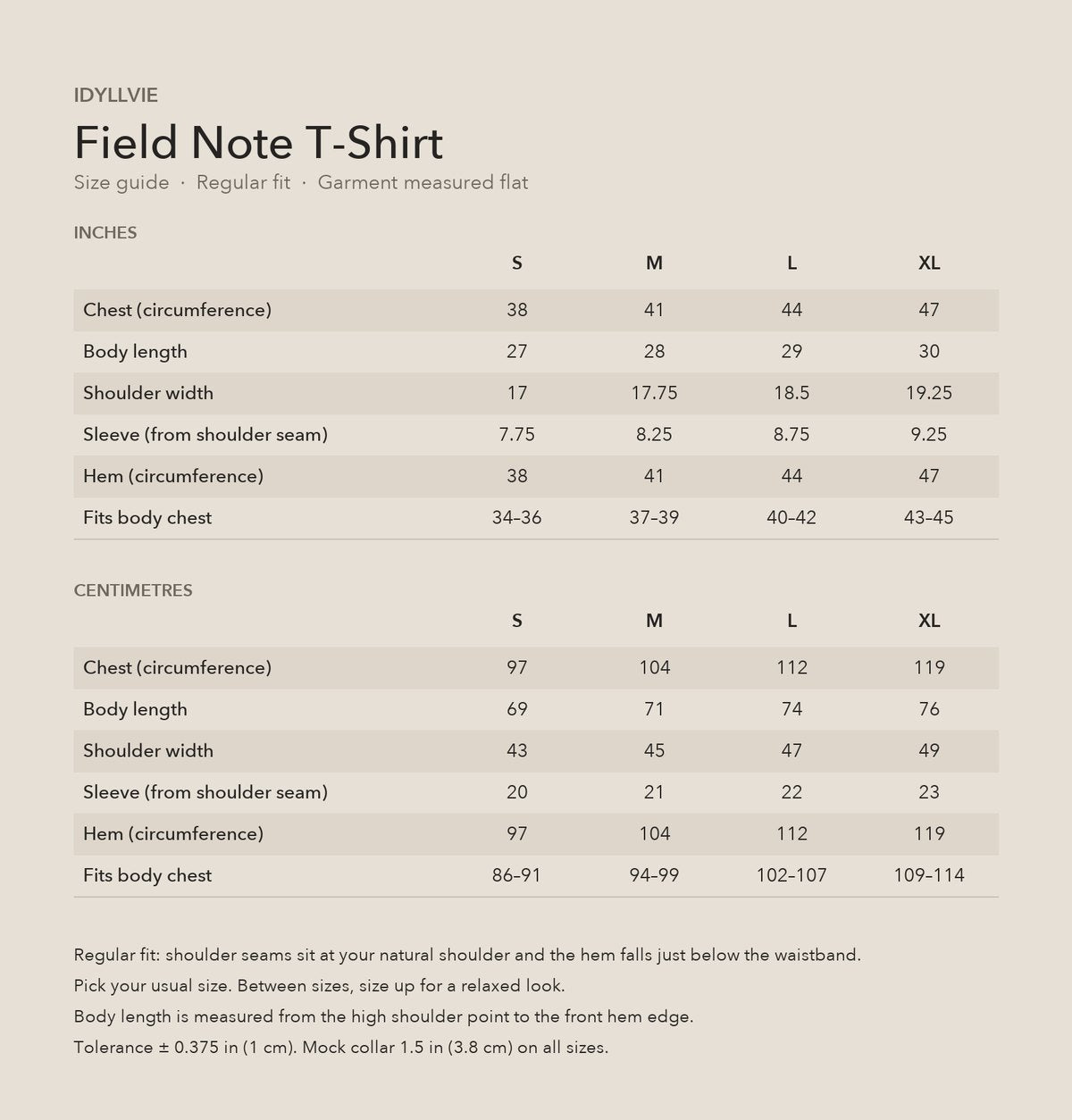 Field Note T-shirt size guide with S, M, L and XL measurements