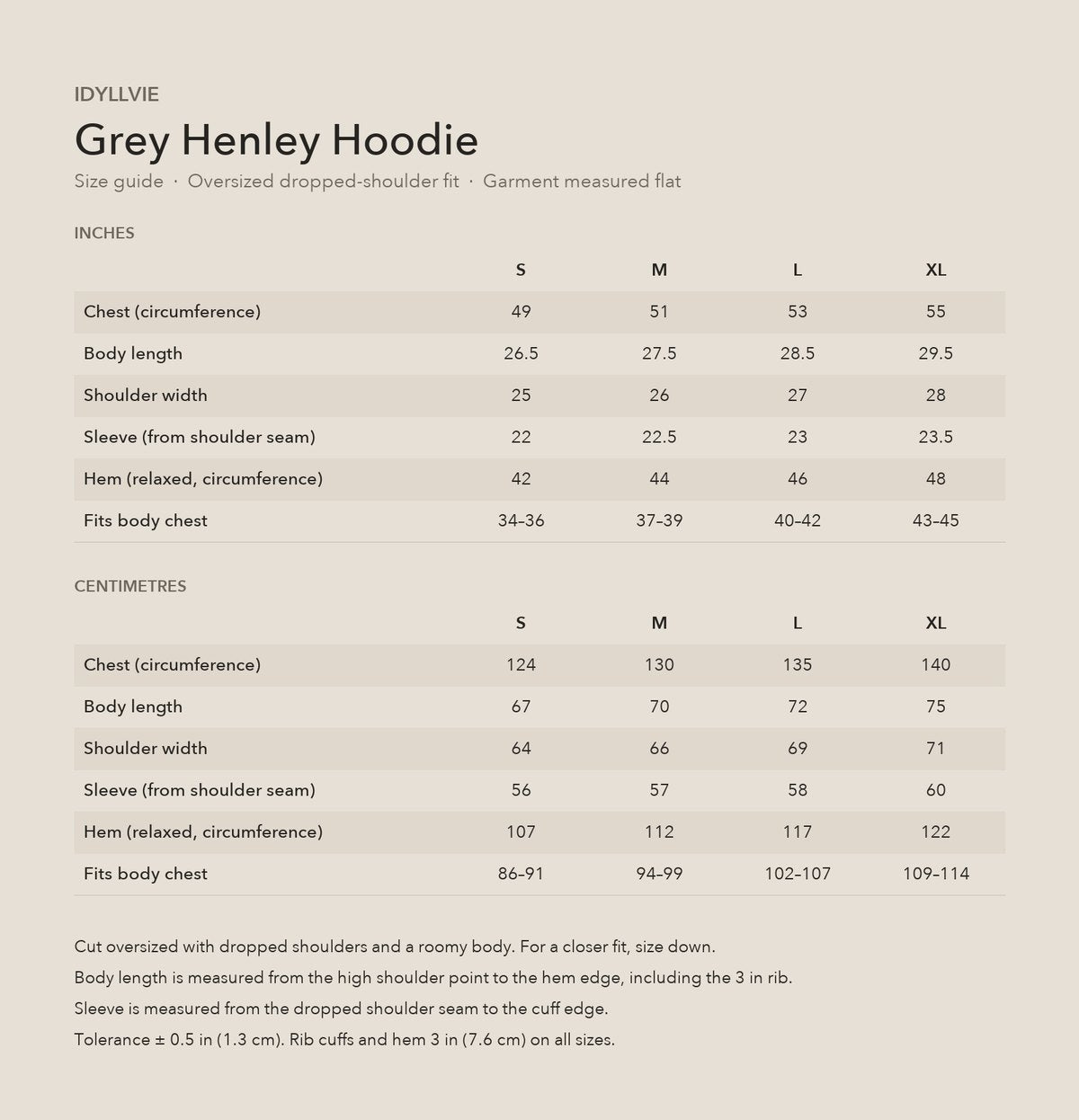 Mercer Henley Hoodie size guide with S, M, L and XL measurements
