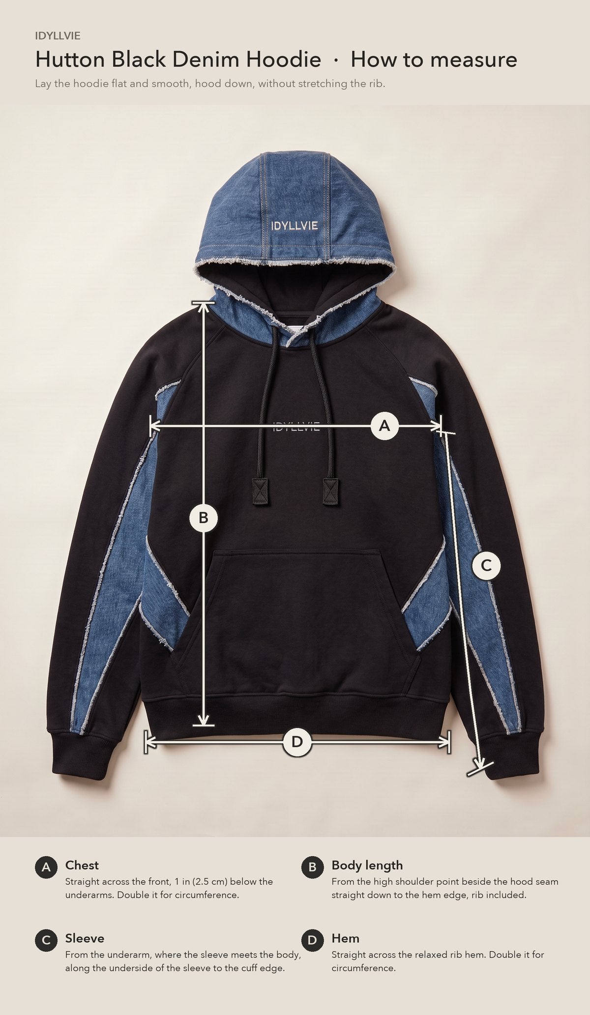 How to measure the Hutton Denim Panelled Hoodie flat