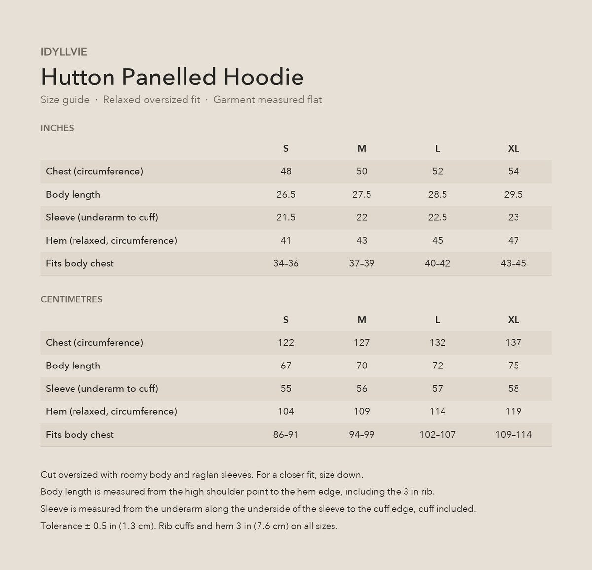 Hutton hoodie size guide with S, M, L and XL measurements
