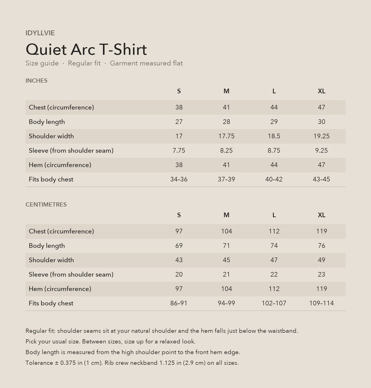 Quiet Arc T-shirt size guide with S, M, L and XL measurements