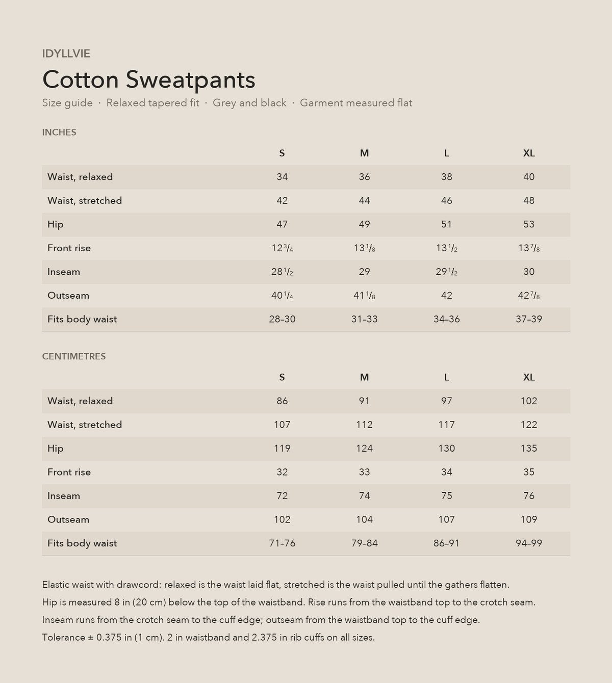 Mercer Pleated Sweatpants size guide with S, M, L and XL measurements
