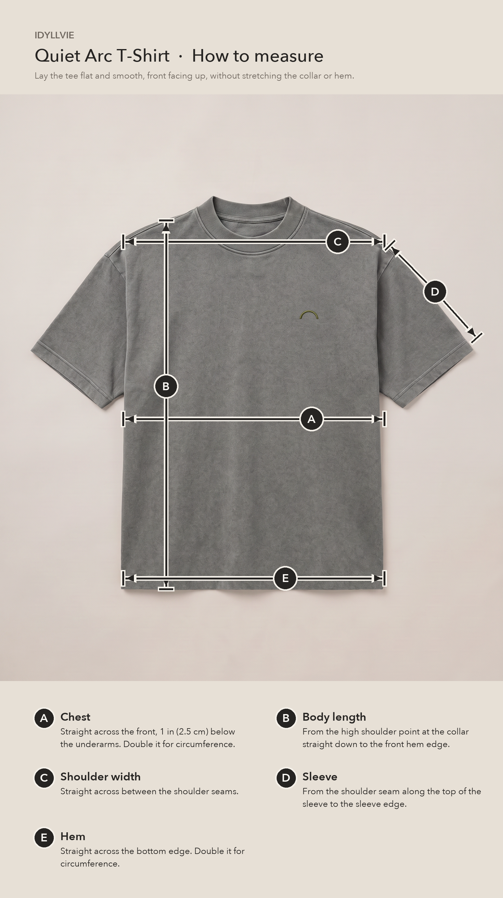 How to measure the Quiet Arc T-shirt flat: chest, body length, shoulder width, sleeve and hem