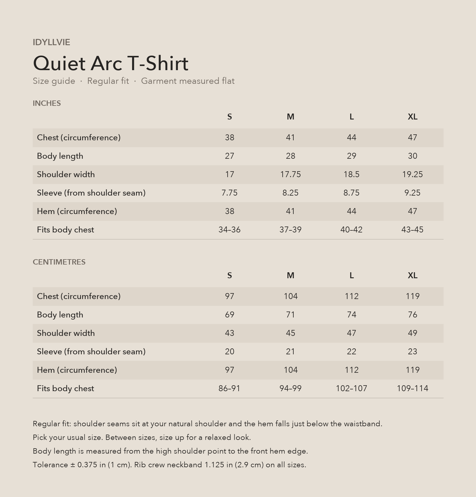 Quiet Arc T-shirt size guide with S, M, L and XL garment and body measurements in inches and centimetres