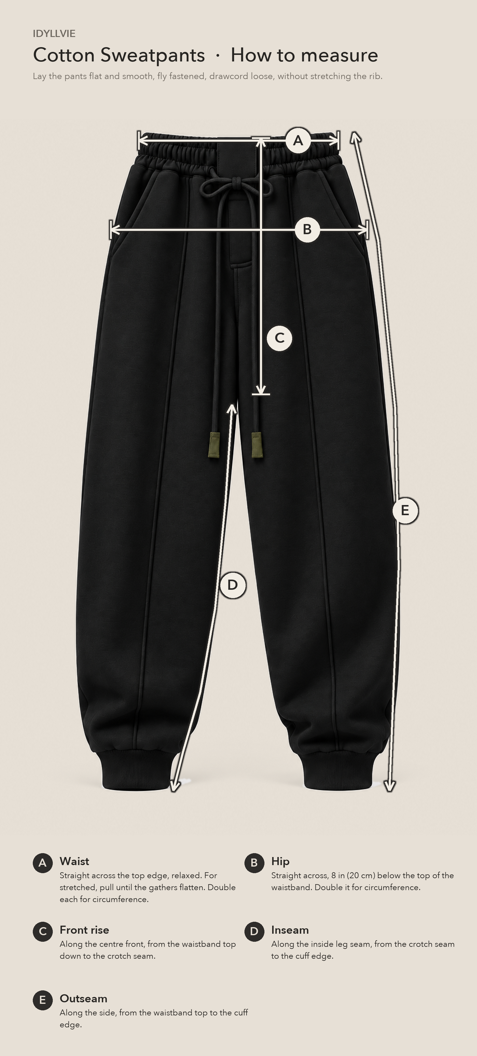 How to measure the Cotton Sweatpants flat: waist, hip, front rise, inseam and outseam