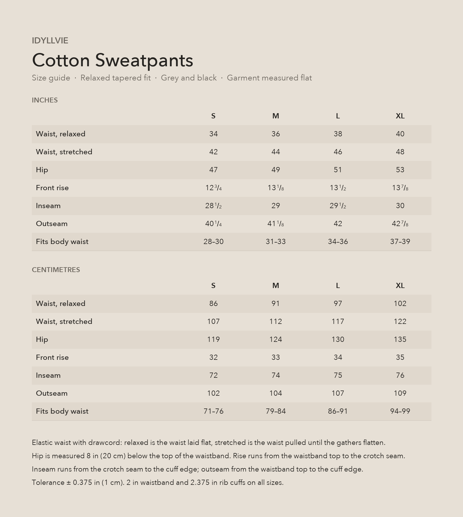 Cotton Sweatpants size guide with S, M, L and XL garment and body measurements in inches and centimetres